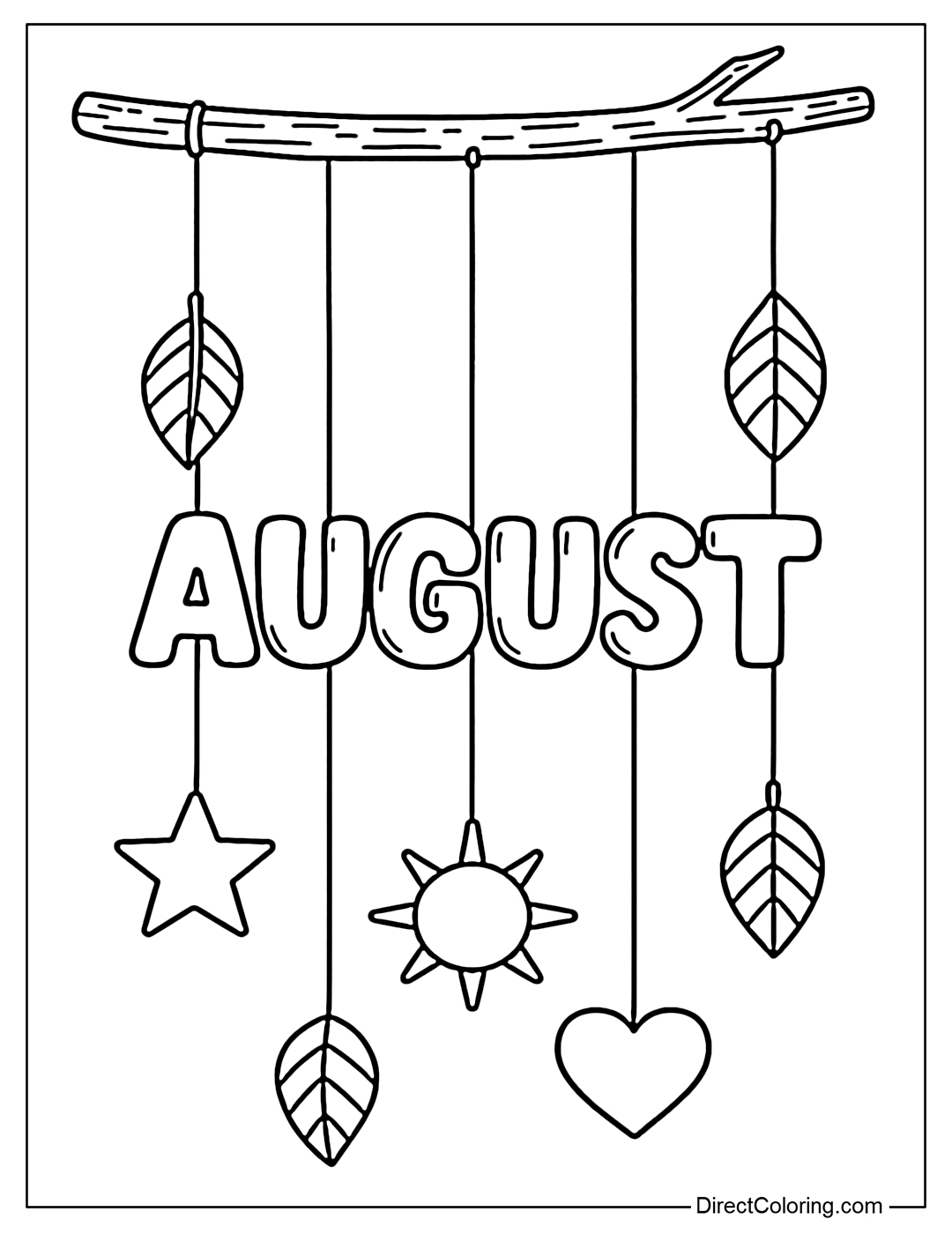 A craft hanging from a small branch, with leaves, suns, stars and hearts hanging, with the letter 